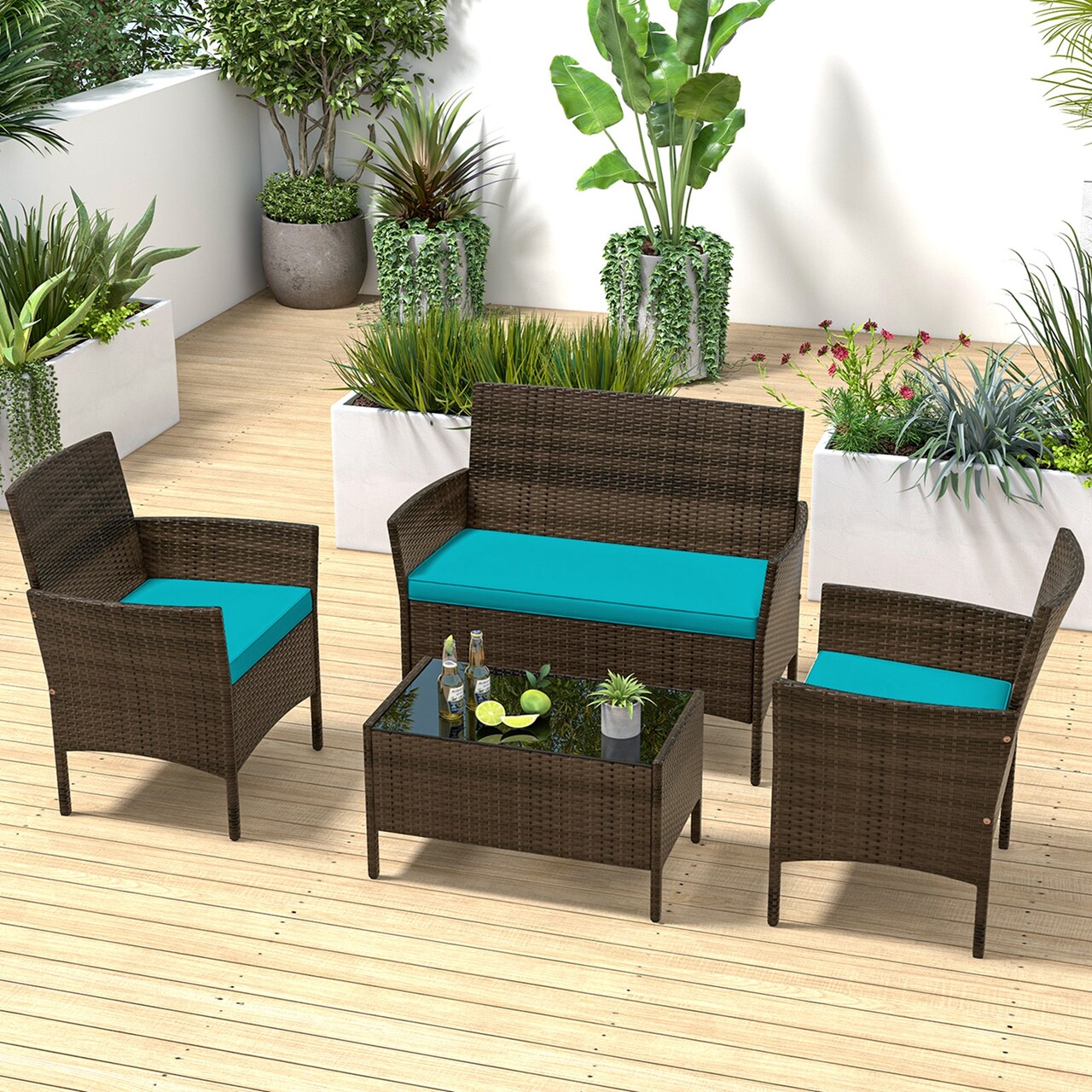 Costway 4 PCS Patio Furniture Set with Washable Cushions and Tempered Glass Coffee Table Beige/Black/Navy/Grey/Turquoise/Red/Blue/Orange
